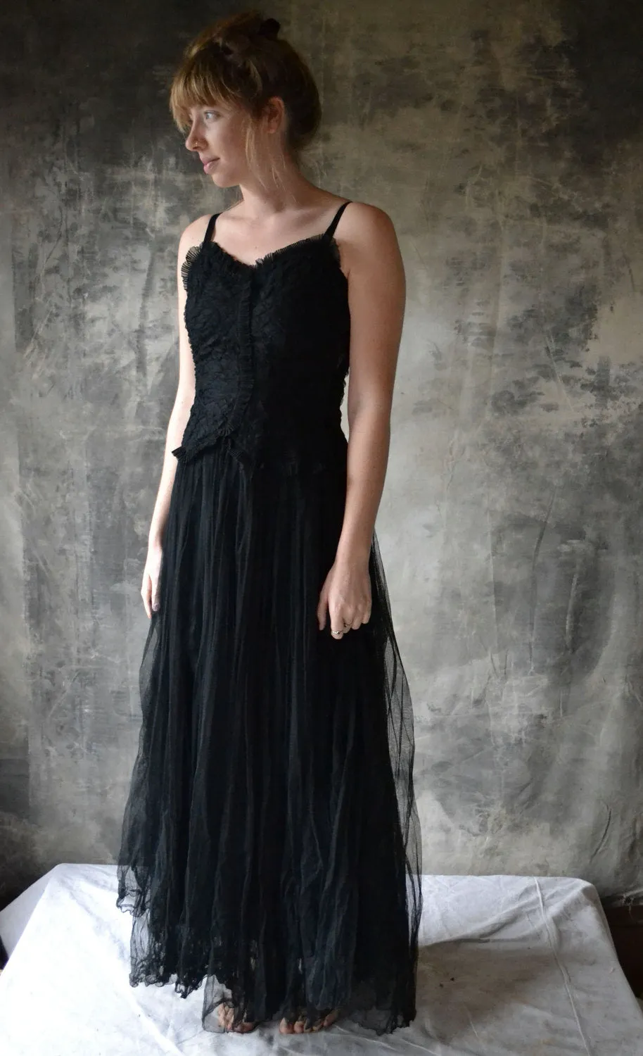 1940s long black netted tulle dress