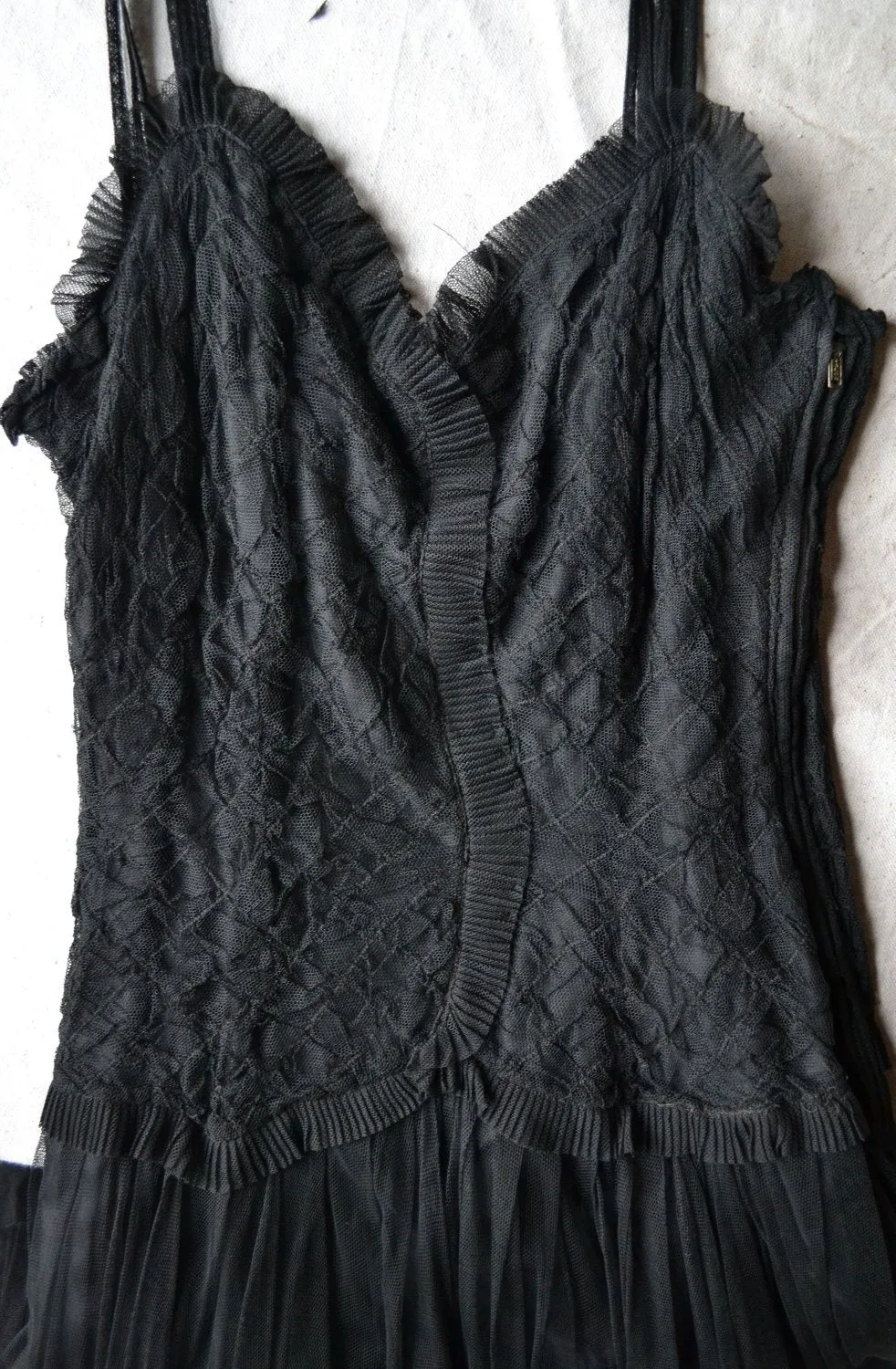 1940s long black netted tulle dress
