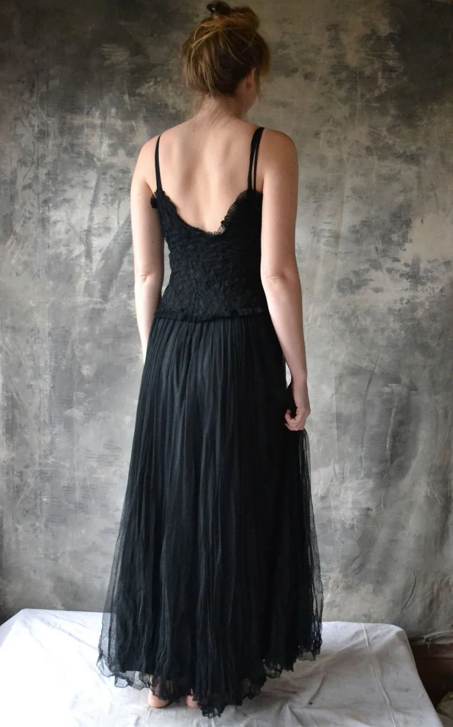 1940s long black netted tulle dress