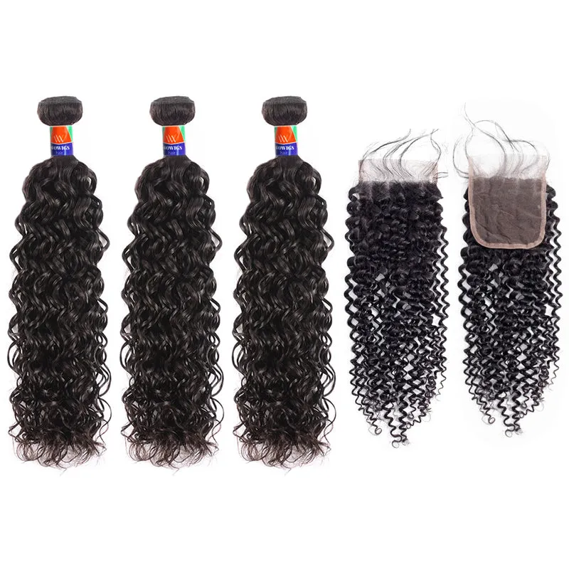 3 Bundles With a 4×4 Lace Closure Curly Hair 12-32 inch Virgin Hair Extensions
