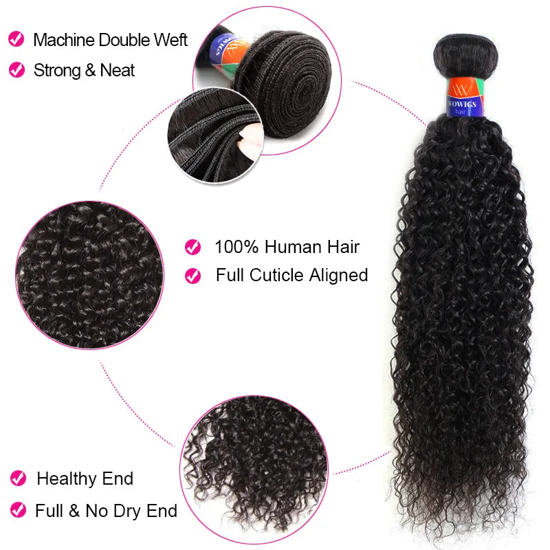 3 Bundles with a 4×4 Lace Closure Kinky Curly 12-30 inch Virgin Hair Extensions