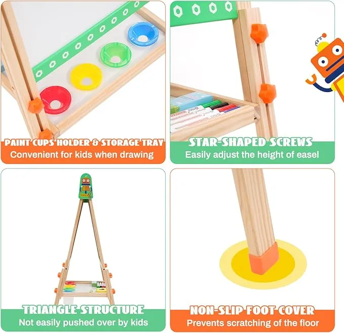 3-in-1 Eco Conscious Wood Height Adjustable Easel | Whiteboard | Blackboard Double Easel | 3-10 Years
