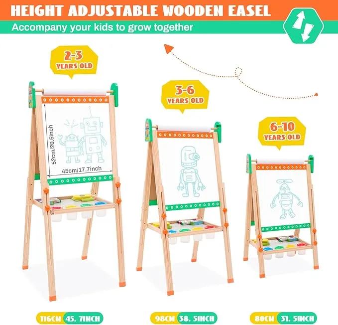 3-in-1 Eco Conscious Wood Height Adjustable Easel | Whiteboard | Blackboard Double Easel | 3-10 Years