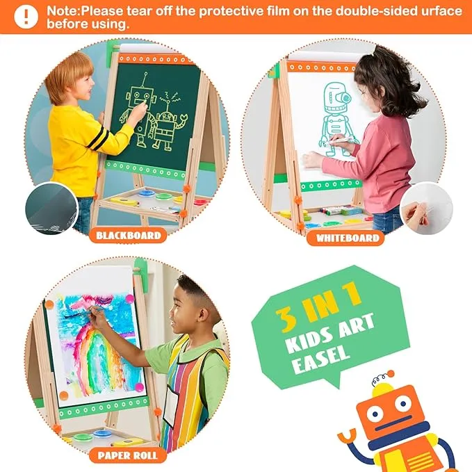3-in-1 Eco Conscious Wood Height Adjustable Easel | Whiteboard | Blackboard Double Easel | 3-10 Years