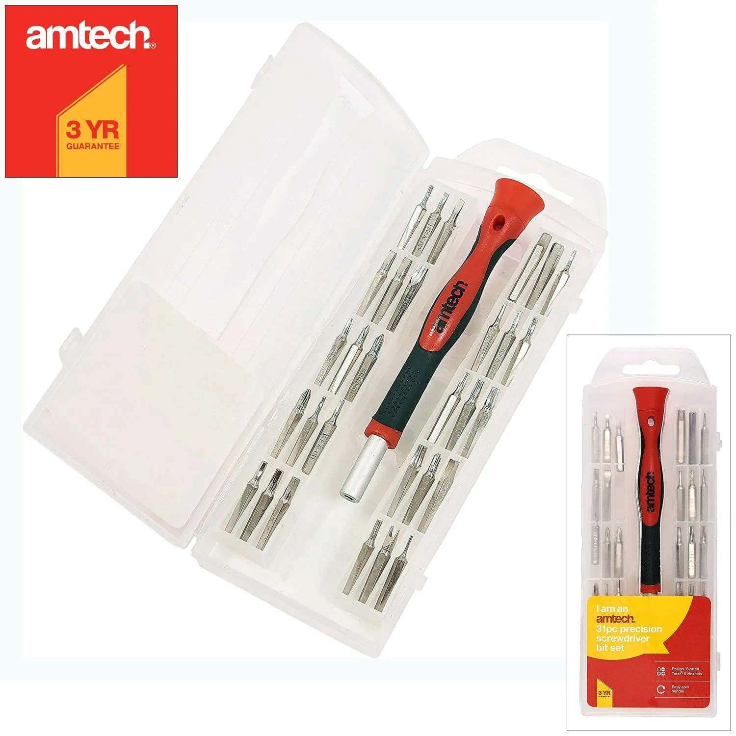 AMTECH 31PC PRECISION SCREWDRIVER & BIT SET SLOTTED TORX PHILLIPS HEX STAR  CASE