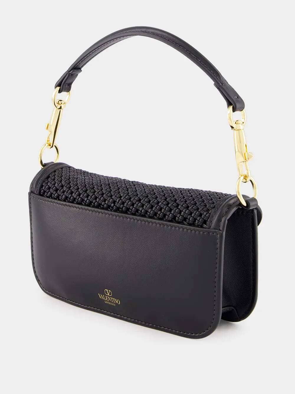 Black Small Leather Shoulder Bag with Gold VLogo