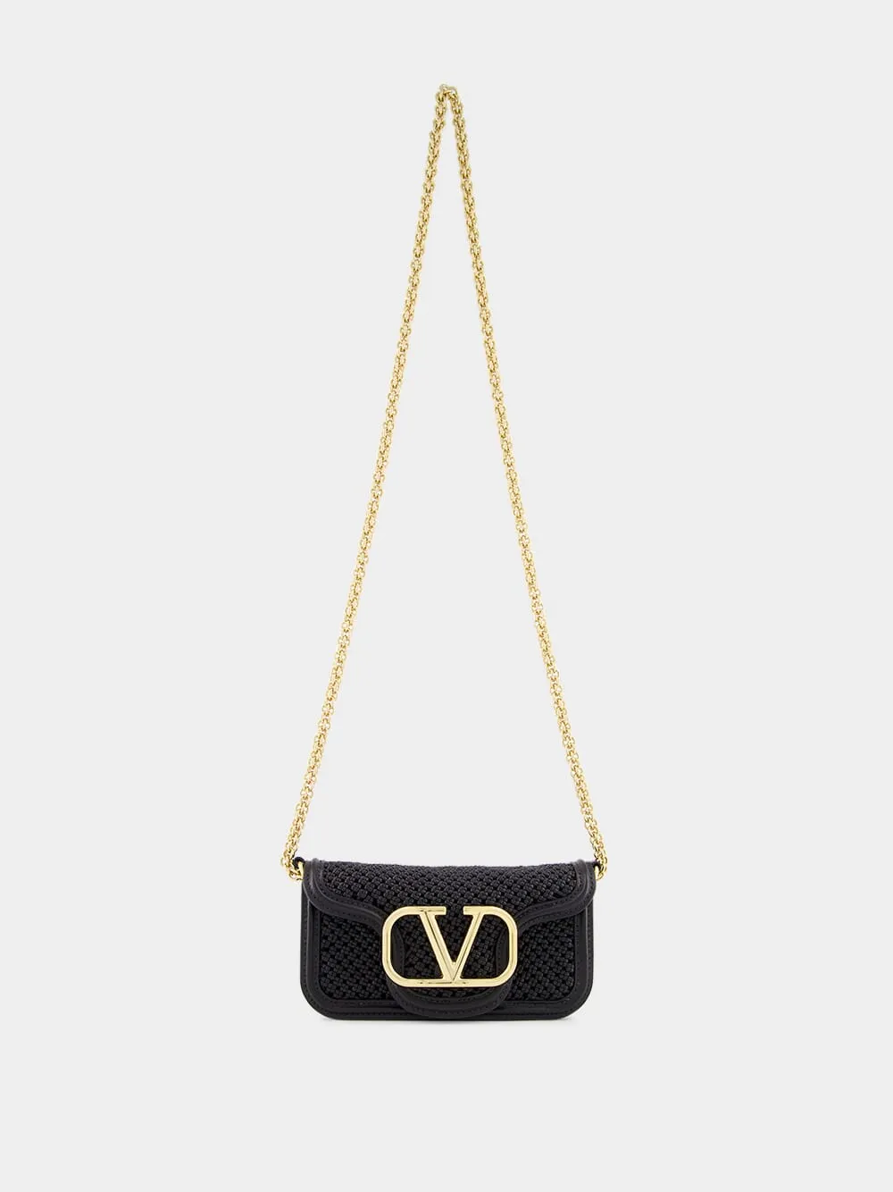 Black Small Leather Shoulder Bag with Gold VLogo