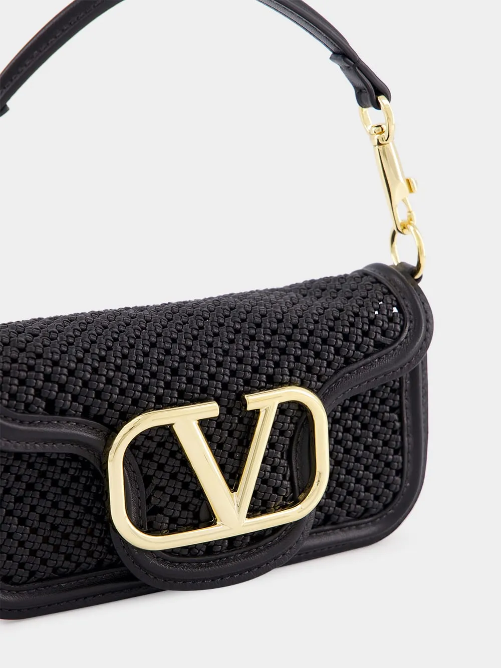 Black Small Leather Shoulder Bag with Gold VLogo