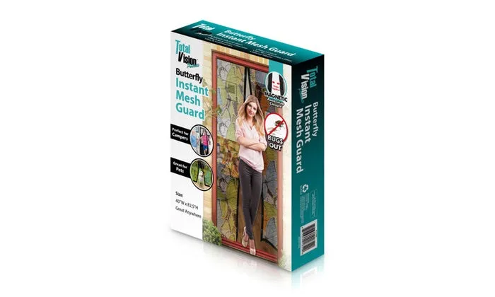 Butterfly Instant Magic Mesh Screen! Instantly opens, magically closes Fits single doors, sliding doors, RV's and more! Plus it folds up for easy storage when not in use Measurements: 40" x 82 1/2" long
