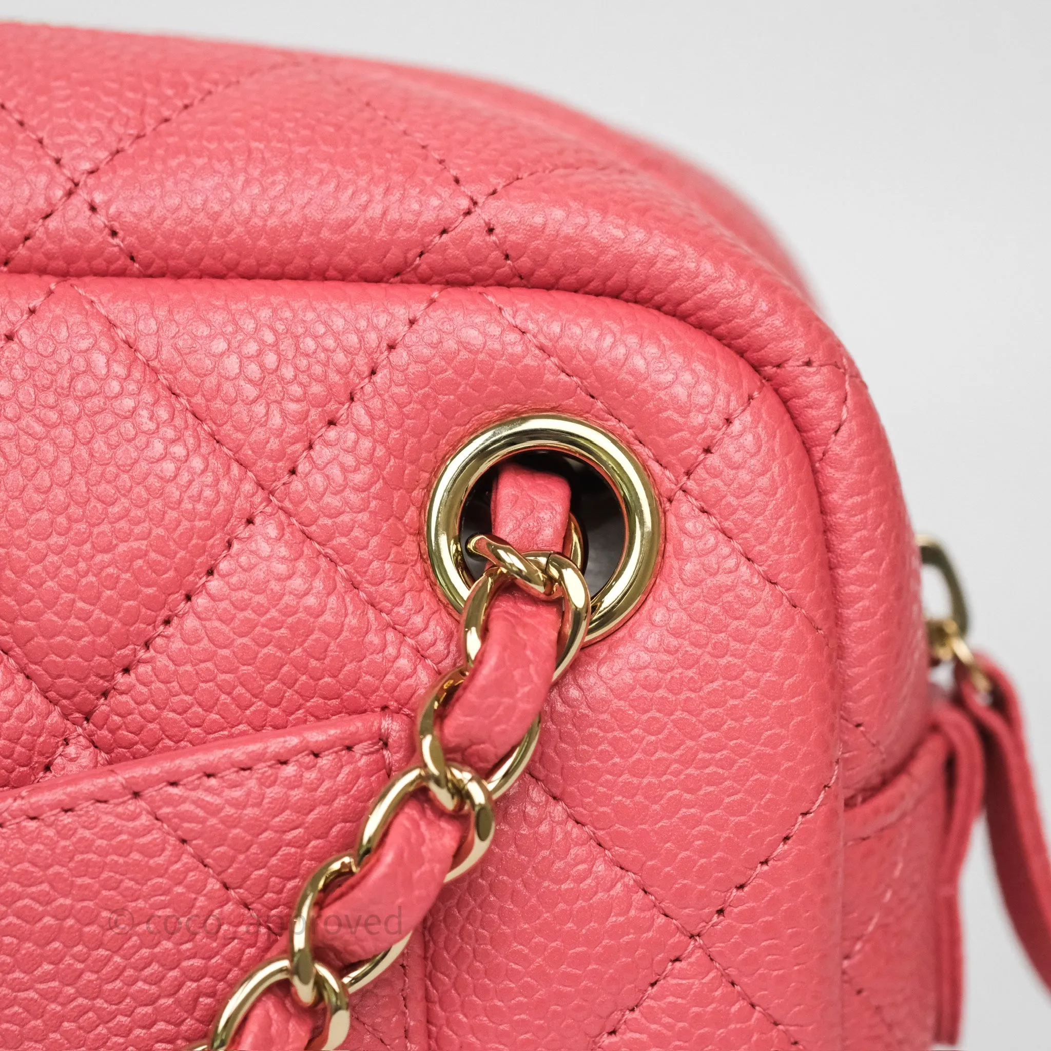Chanel Camera Case Quilted Pink Shiny Caviar Gold Hardware