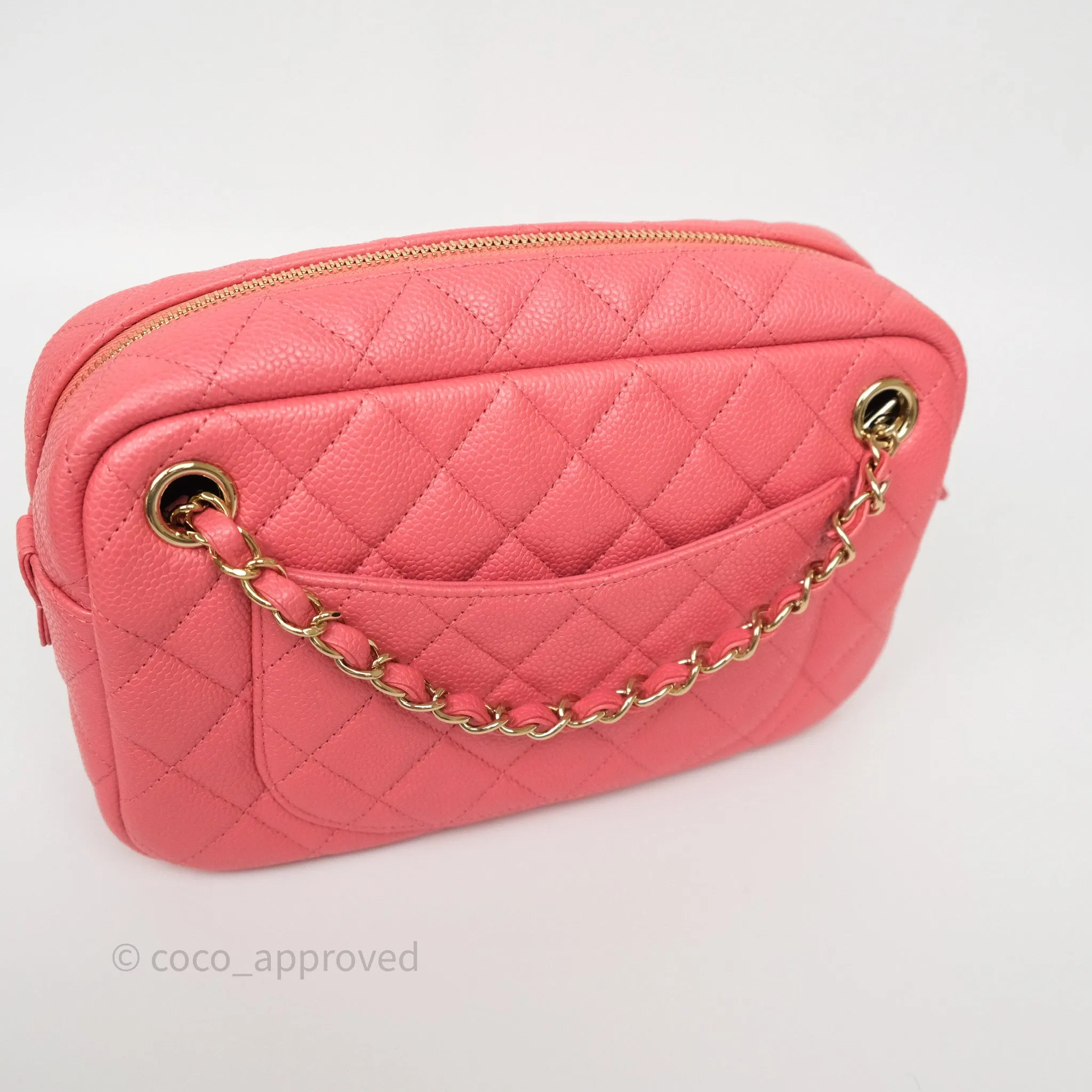 Chanel Camera Case Quilted Pink Shiny Caviar Gold Hardware