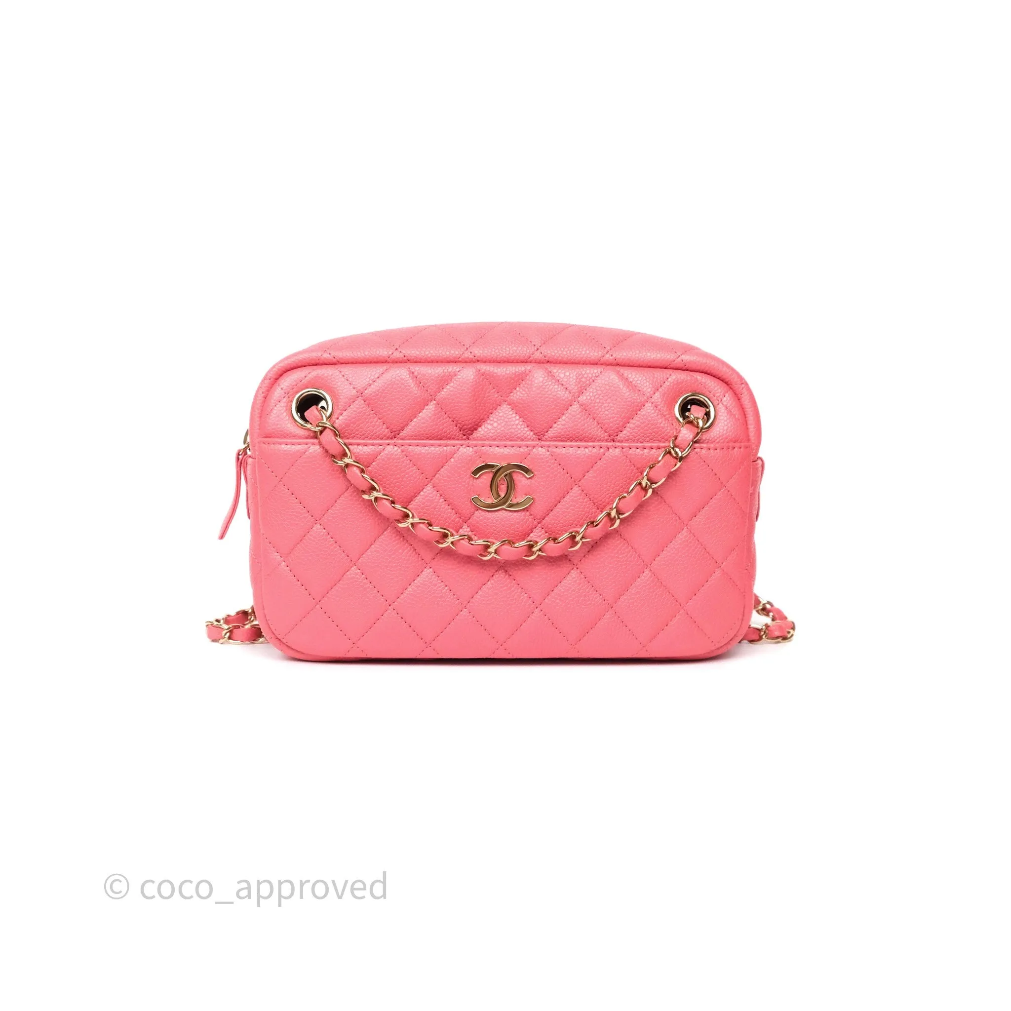 Chanel Camera Case Quilted Pink Shiny Caviar Gold Hardware