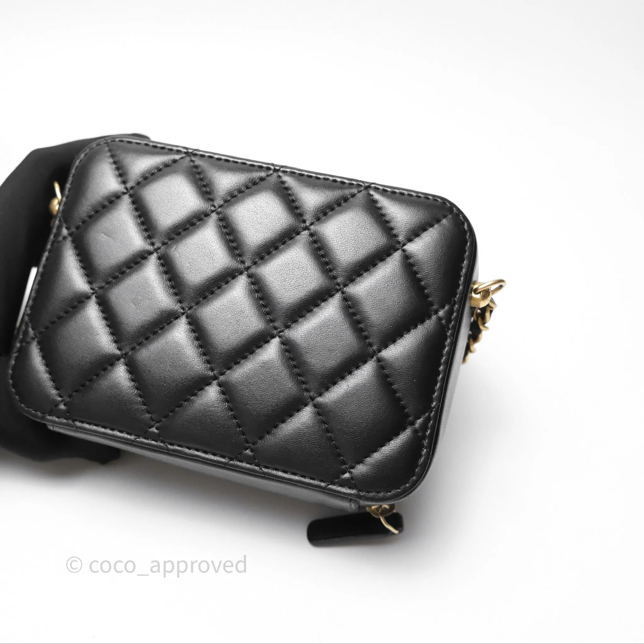 Chanel Pearl Crush Quilted Camera Bag Black Lambskin Aged Gold Hardware