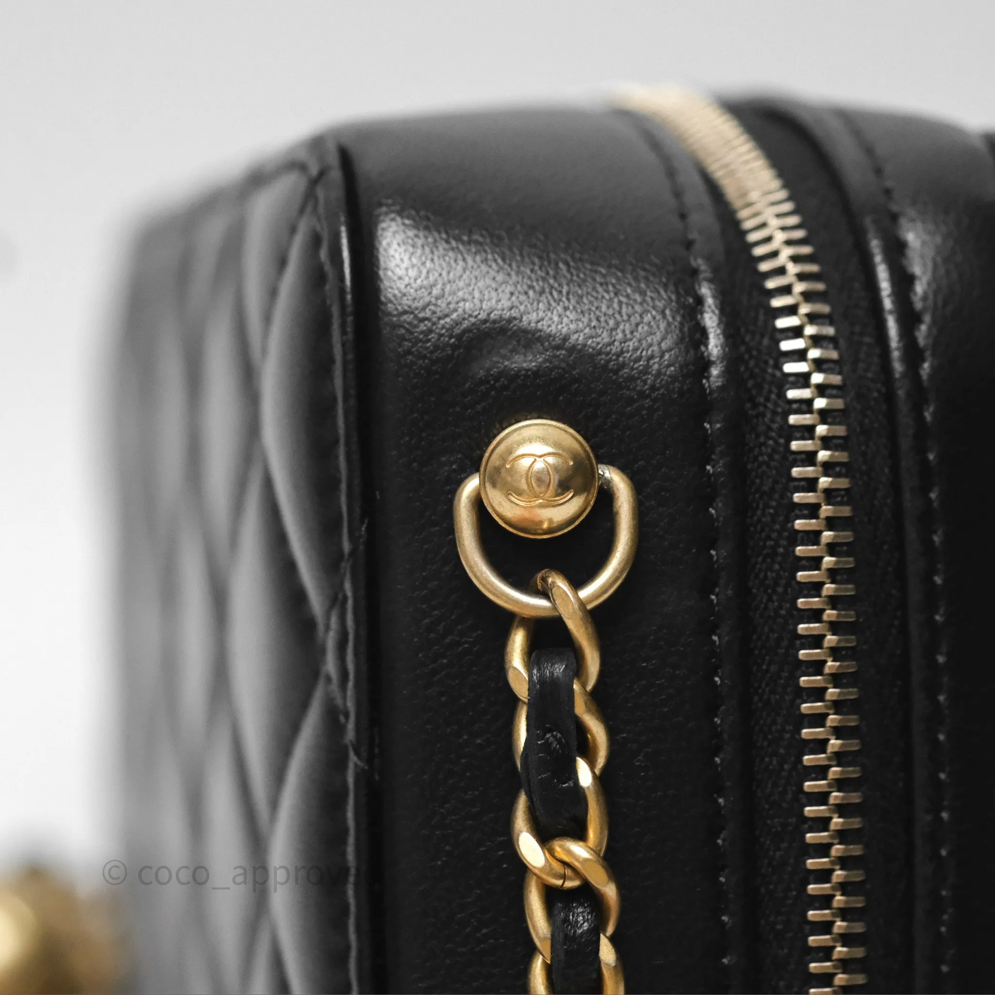 Chanel Pearl Crush Quilted Camera Bag Black Lambskin Aged Gold Hardware