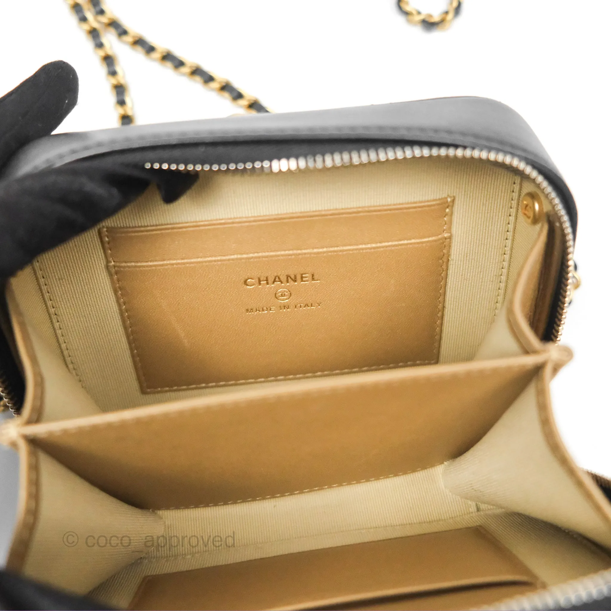 Chanel Pearl Crush Quilted Camera Bag Black Lambskin Aged Gold Hardware