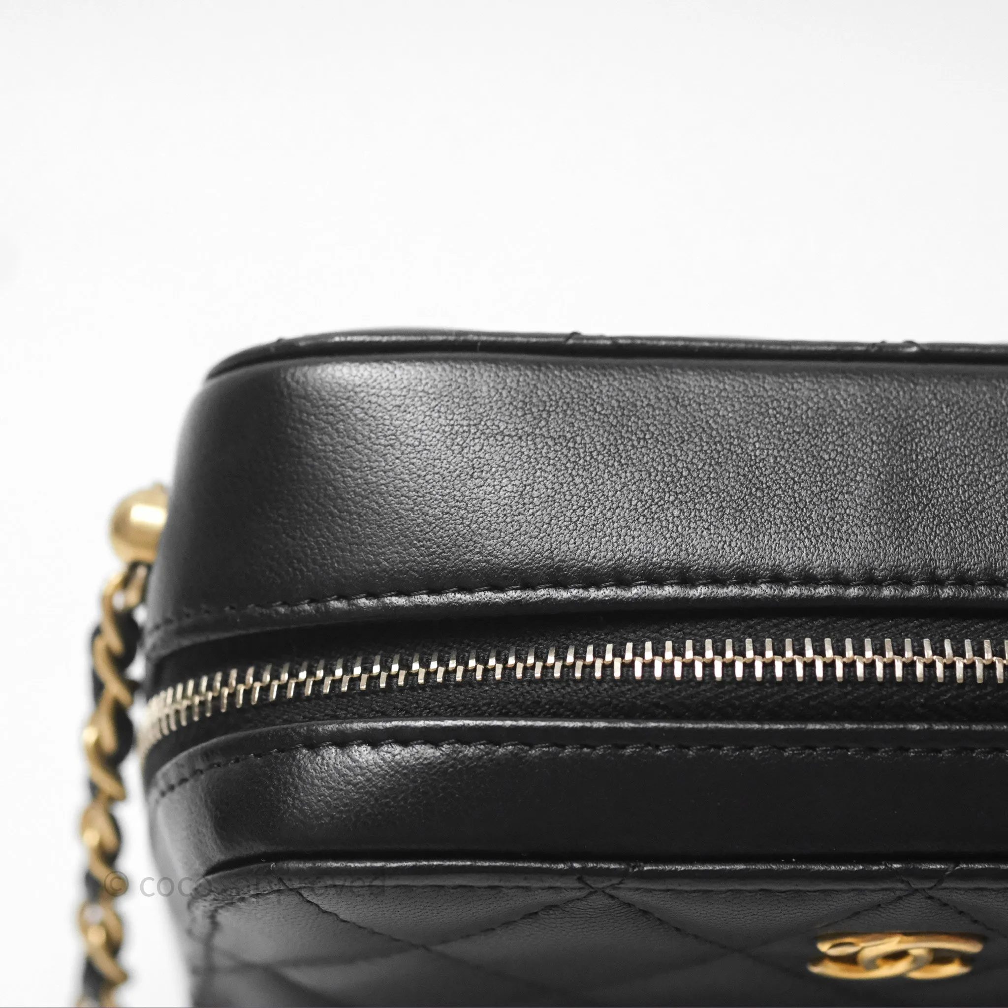 Chanel Pearl Crush Quilted Camera Bag Black Lambskin Aged Gold Hardware