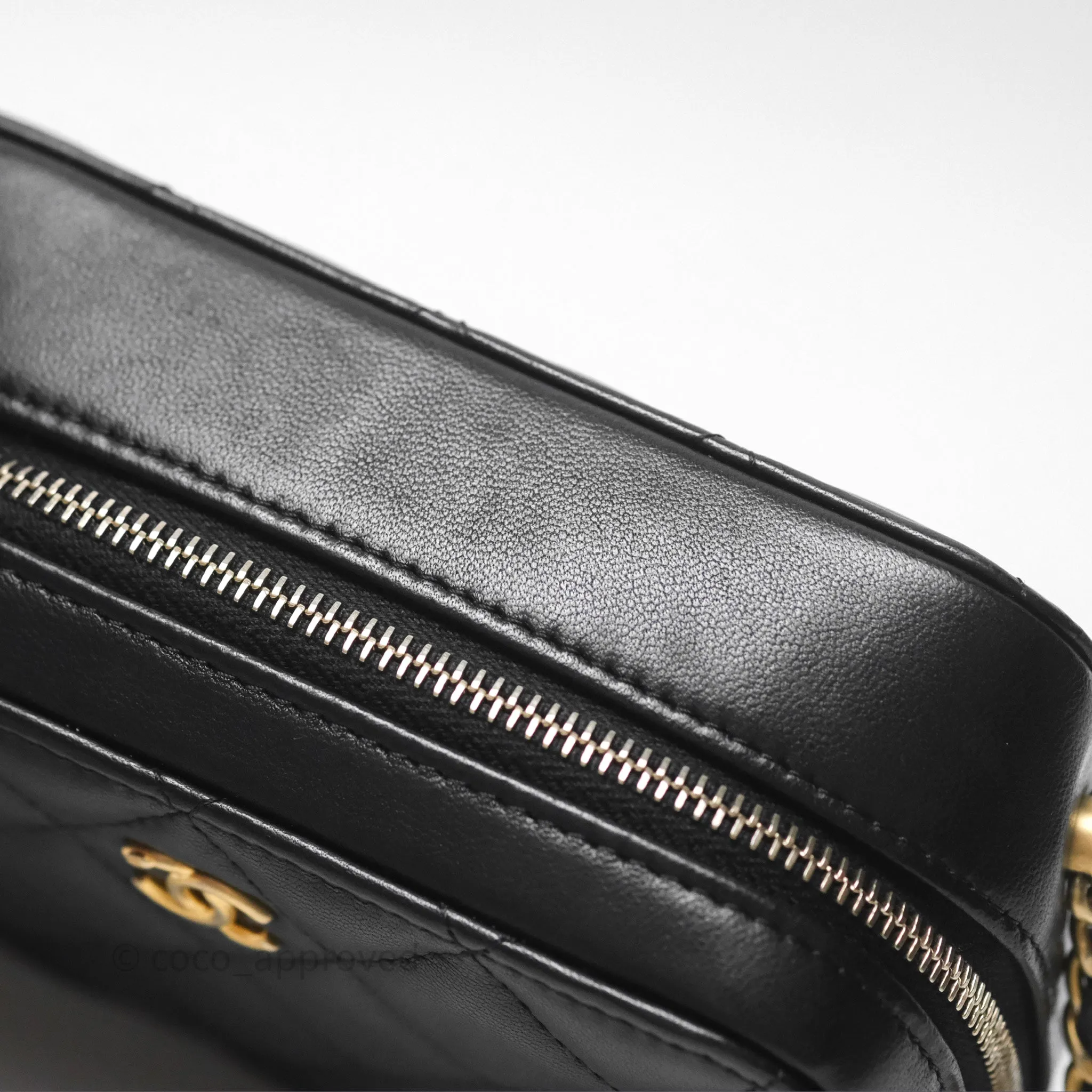 Chanel Pearl Crush Quilted Camera Bag Black Lambskin Aged Gold Hardware