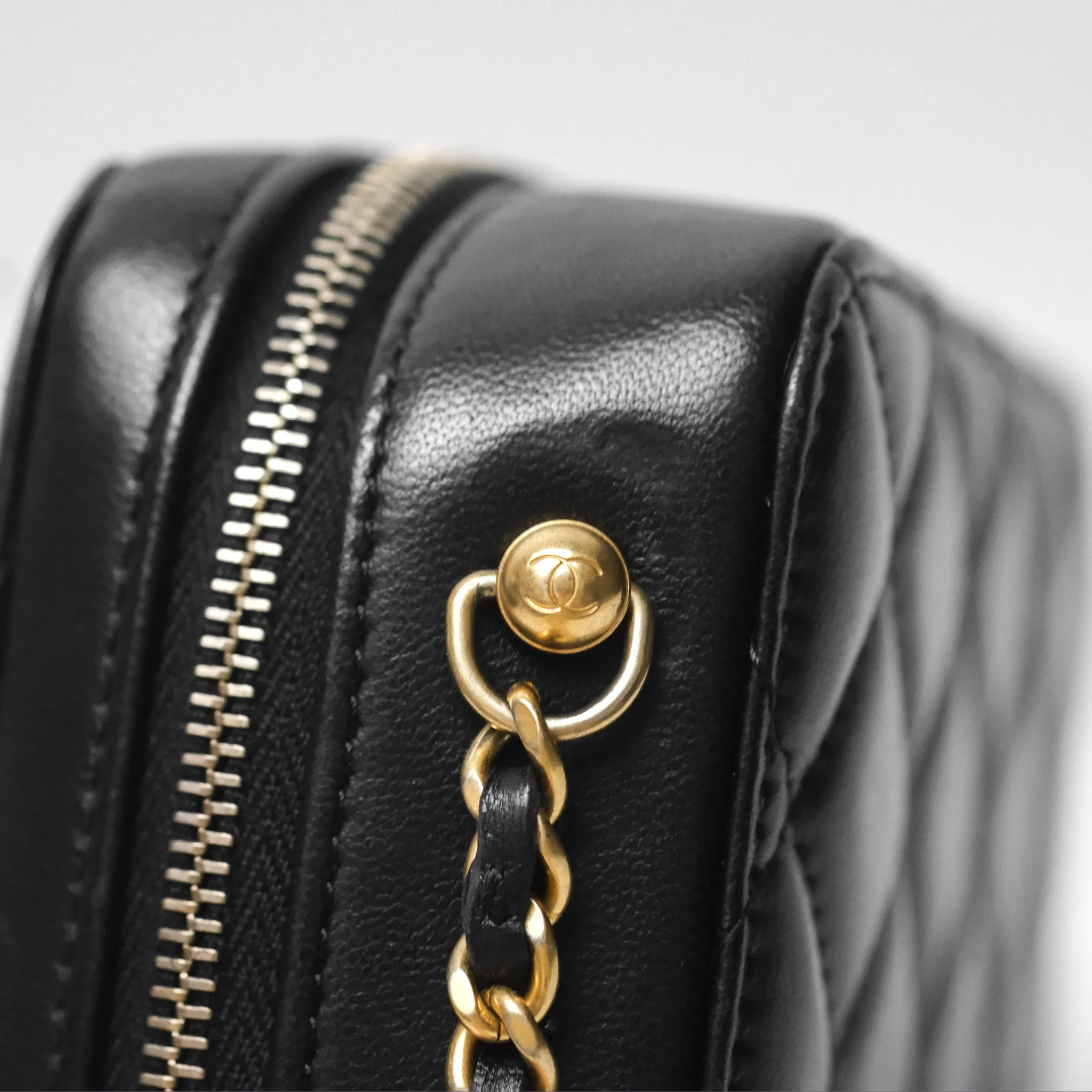 Chanel Pearl Crush Quilted Camera Bag Black Lambskin Aged Gold Hardware