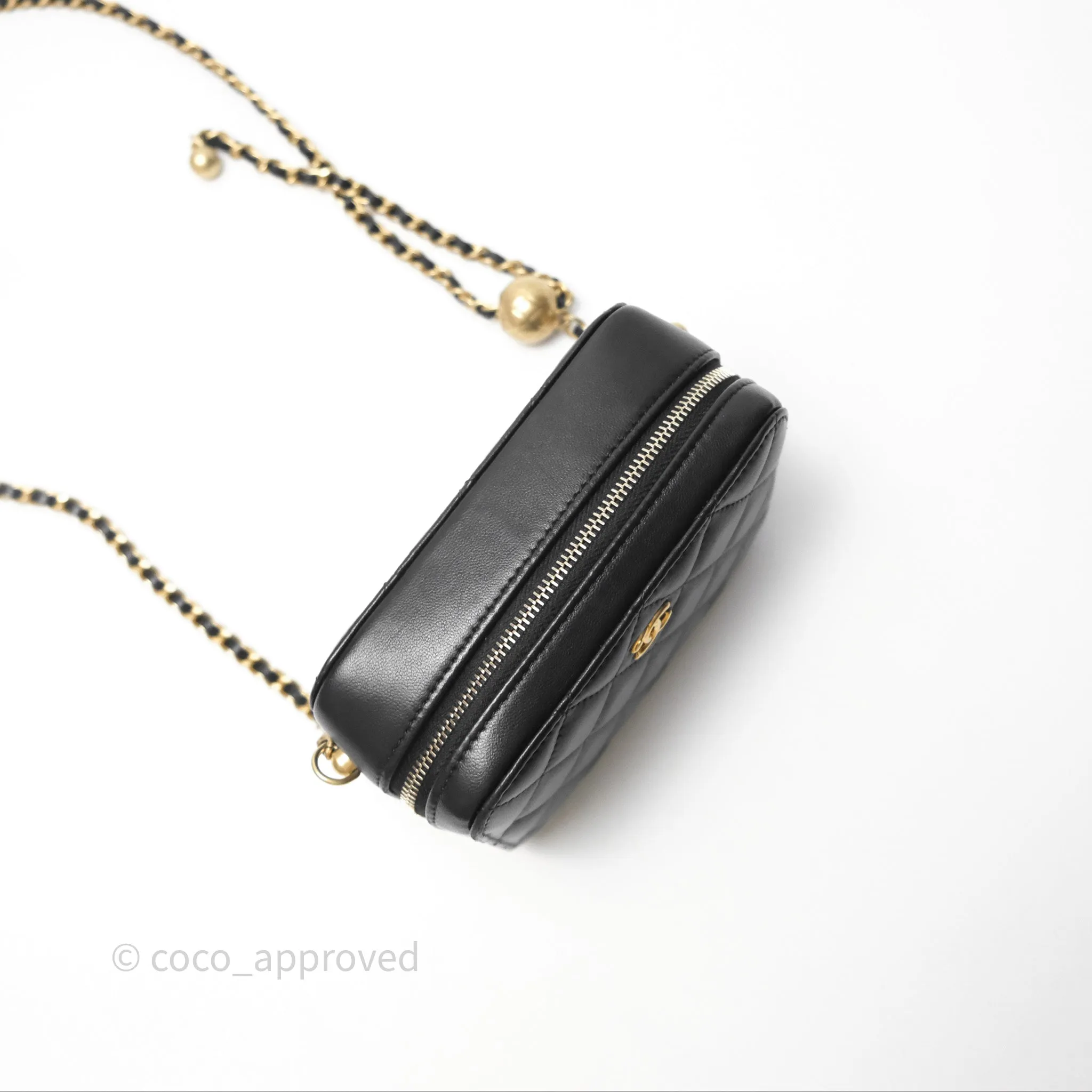 Chanel Pearl Crush Quilted Camera Bag Black Lambskin Aged Gold Hardware