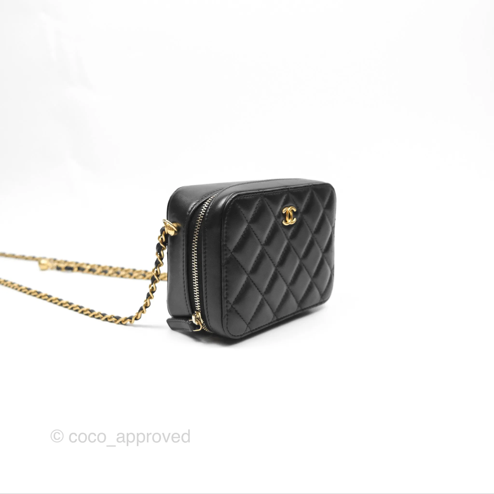 Chanel Pearl Crush Quilted Camera Bag Black Lambskin Aged Gold Hardware