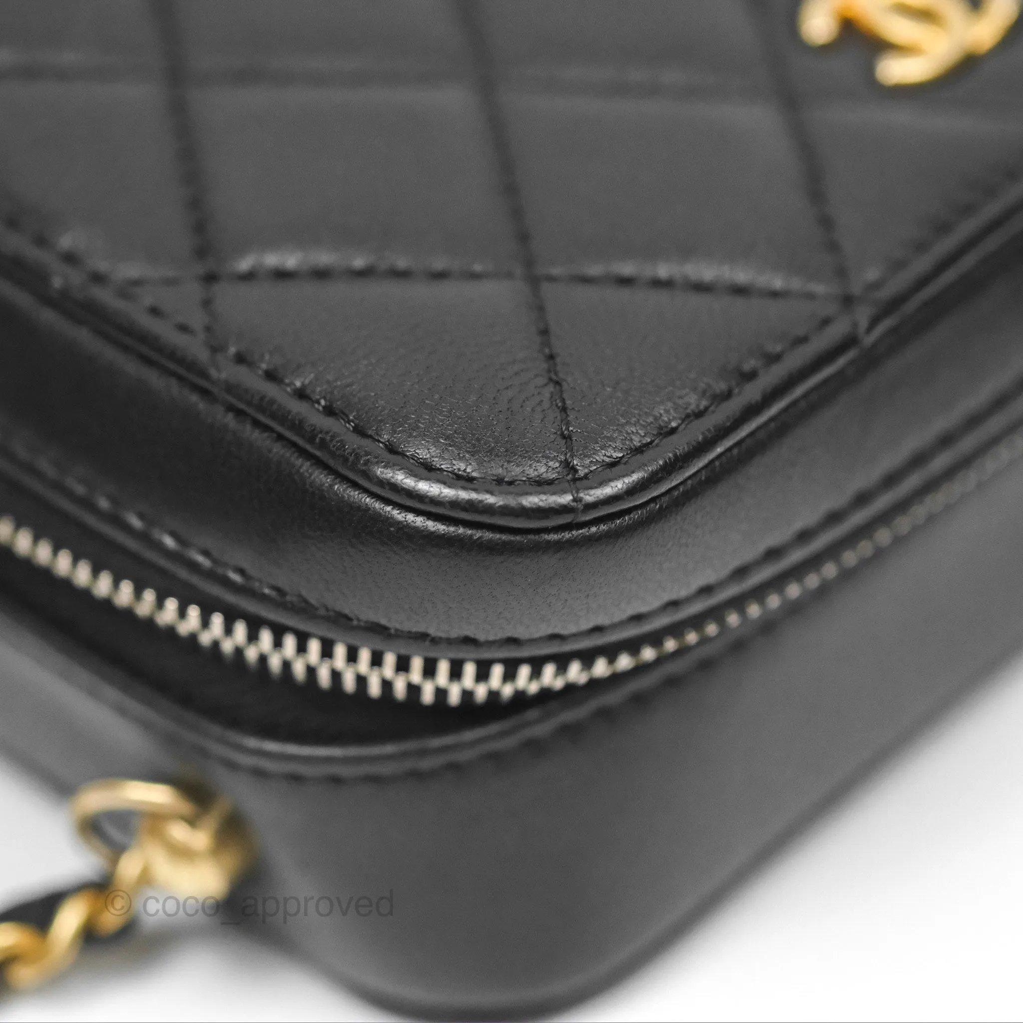 Chanel Pearl Crush Quilted Camera Bag Black Lambskin Aged Gold Hardware