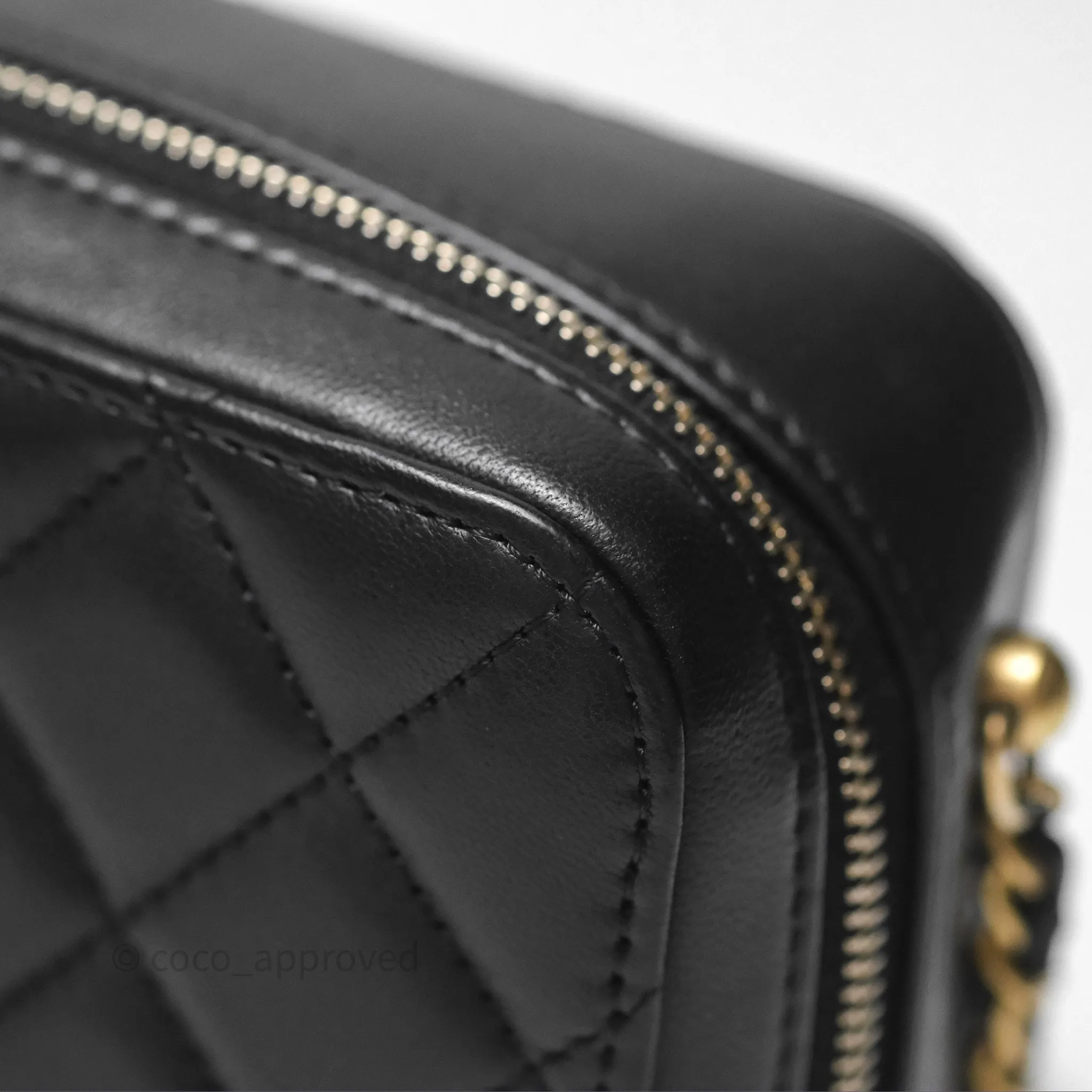 Chanel Pearl Crush Quilted Camera Bag Black Lambskin Aged Gold Hardware