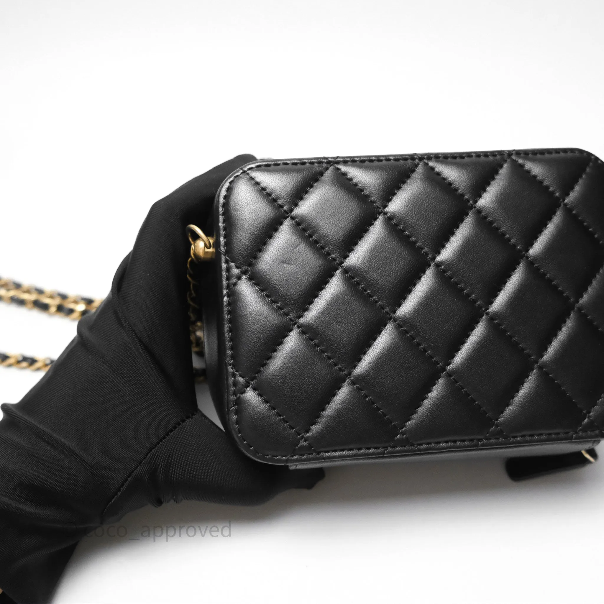 Chanel Pearl Crush Quilted Camera Bag Black Lambskin Aged Gold Hardware