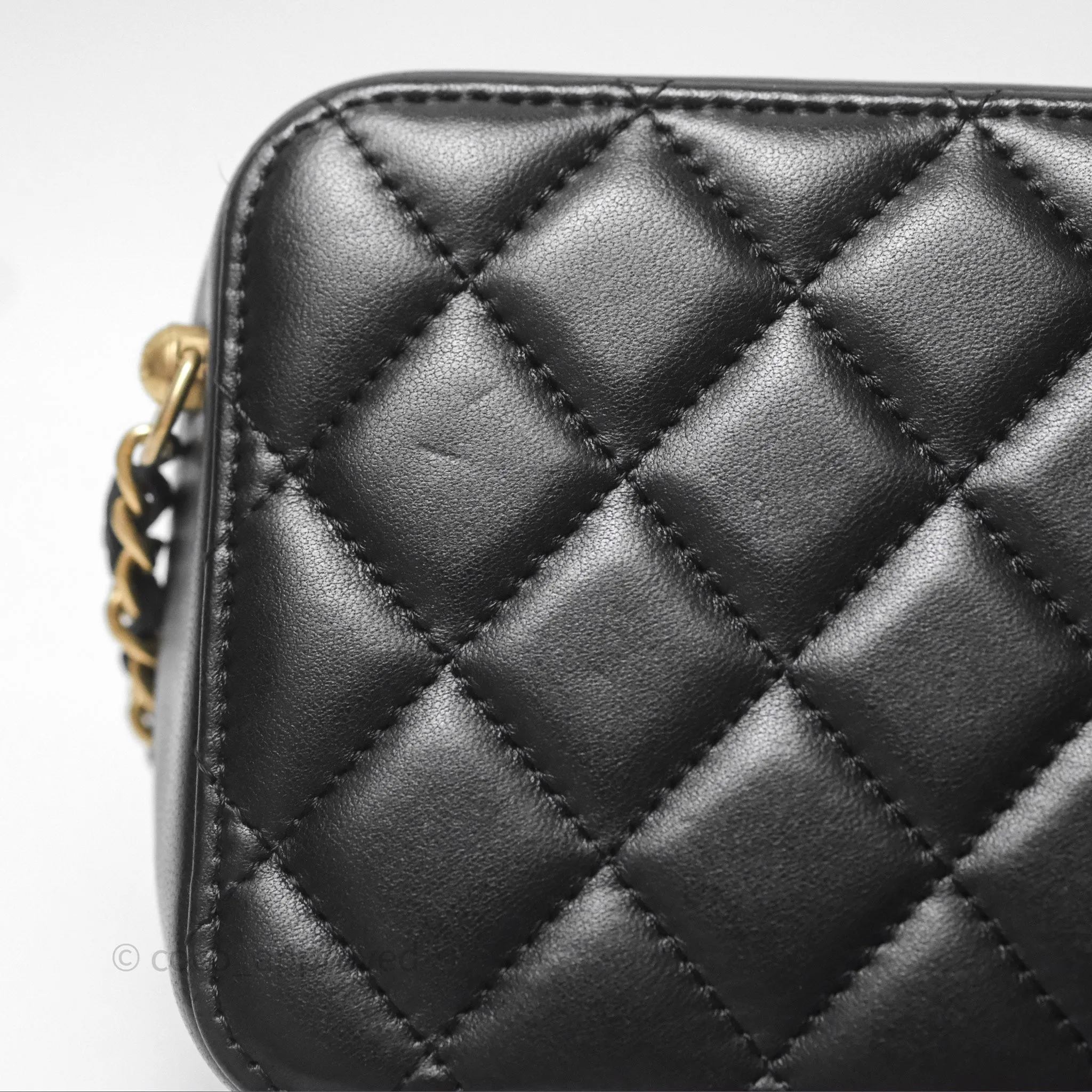 Chanel Pearl Crush Quilted Camera Bag Black Lambskin Aged Gold Hardware
