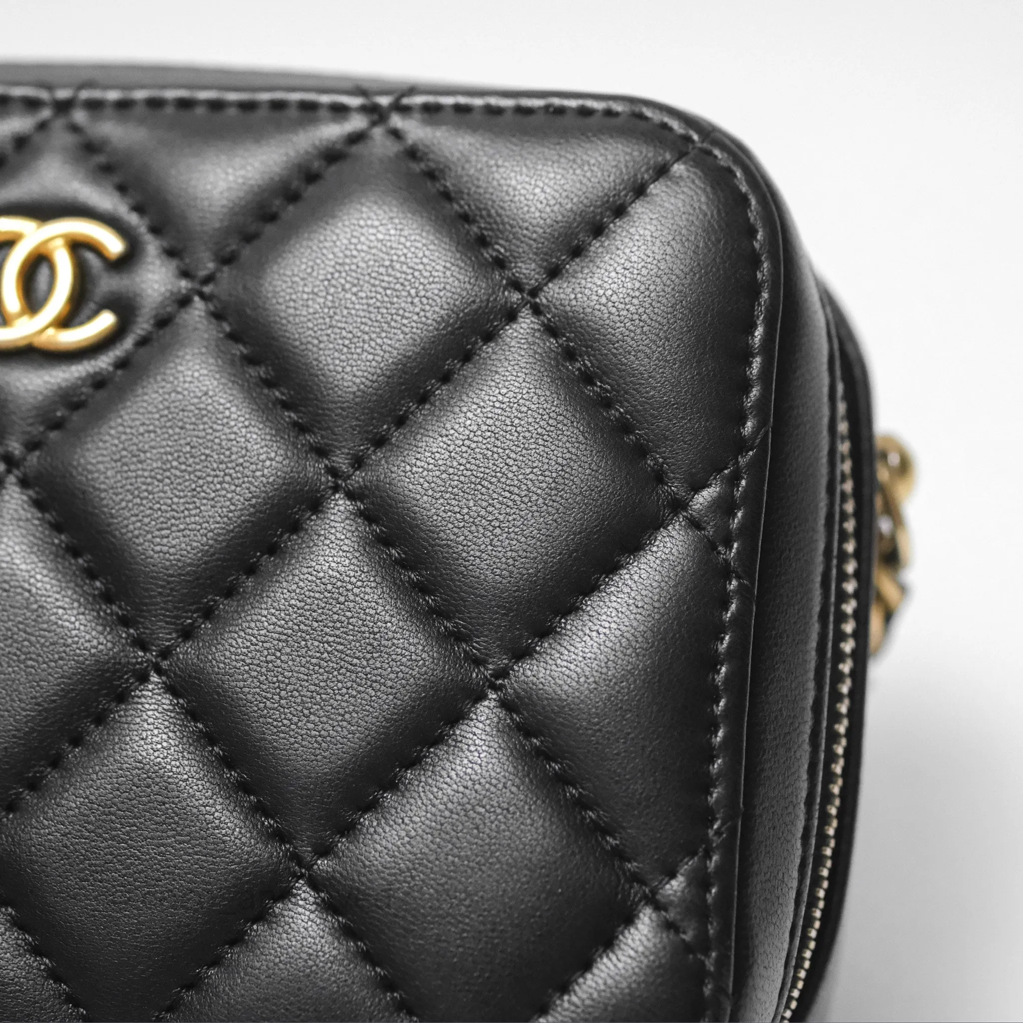 Chanel Pearl Crush Quilted Camera Bag Black Lambskin Aged Gold Hardware