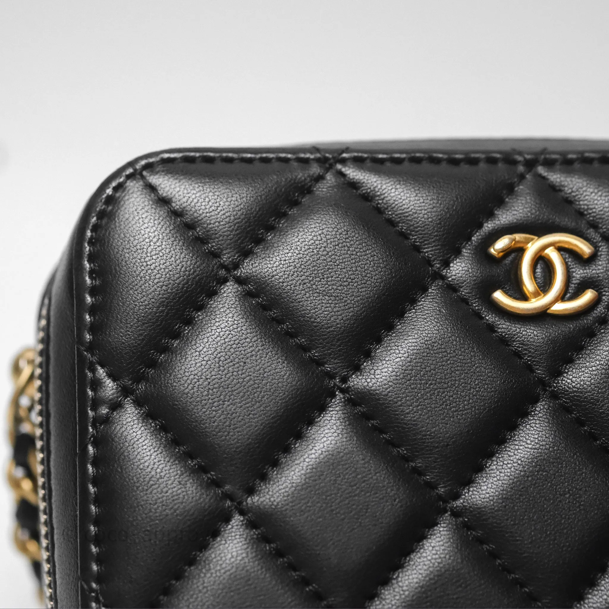 Chanel Pearl Crush Quilted Camera Bag Black Lambskin Aged Gold Hardware