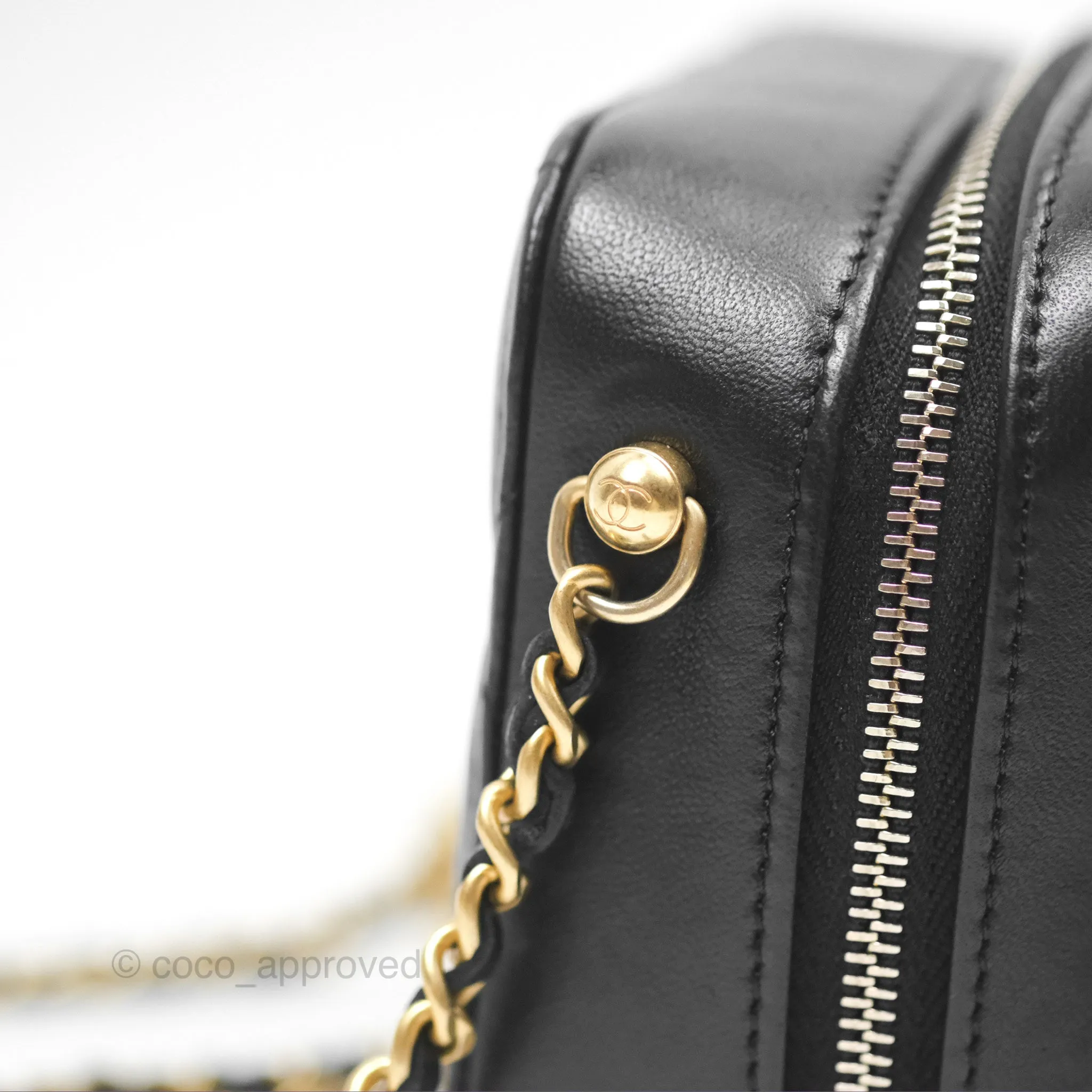Chanel Pearl Crush Quilted Camera Bag Black Lambskin Aged Gold Hardware