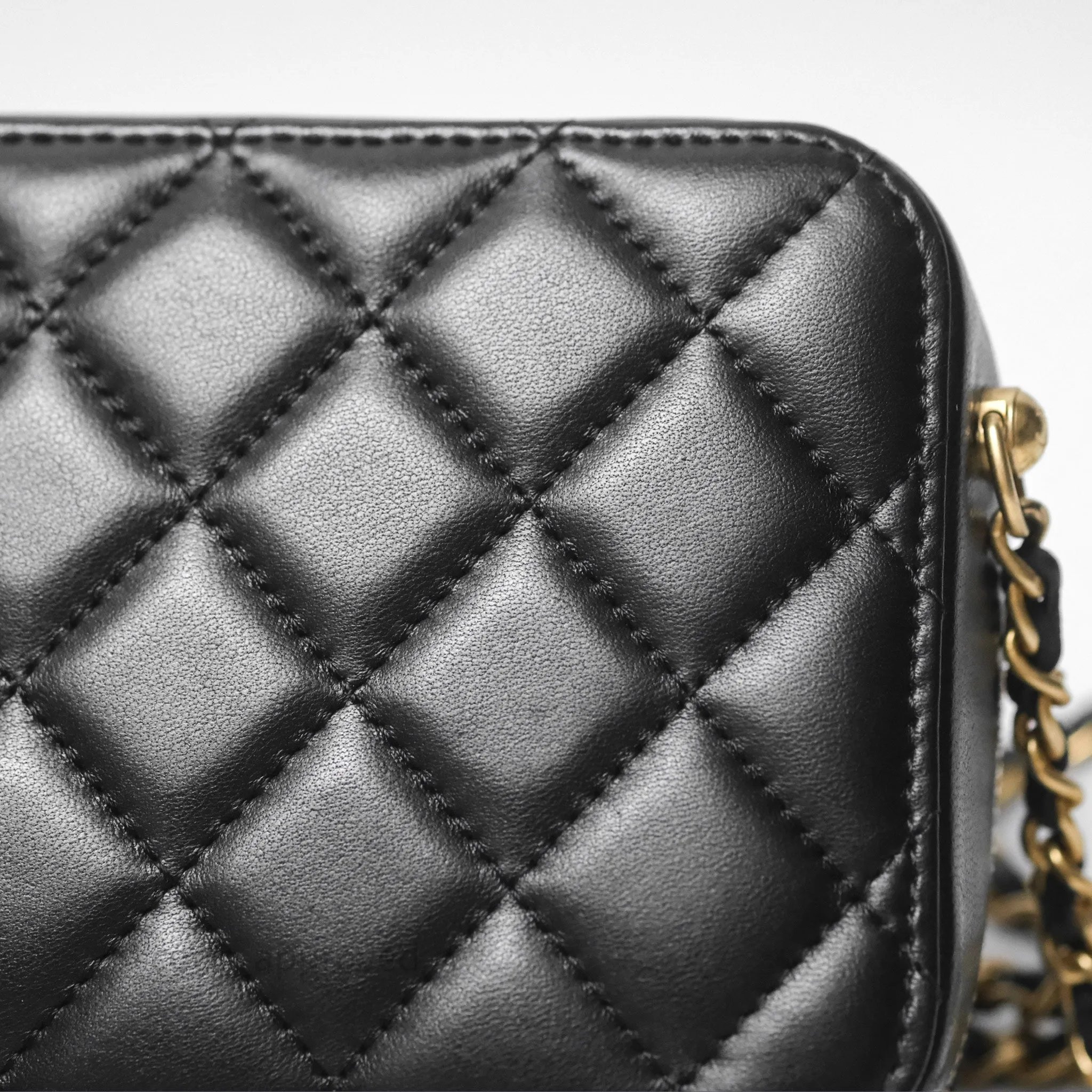 Chanel Pearl Crush Quilted Camera Bag Black Lambskin Aged Gold Hardware