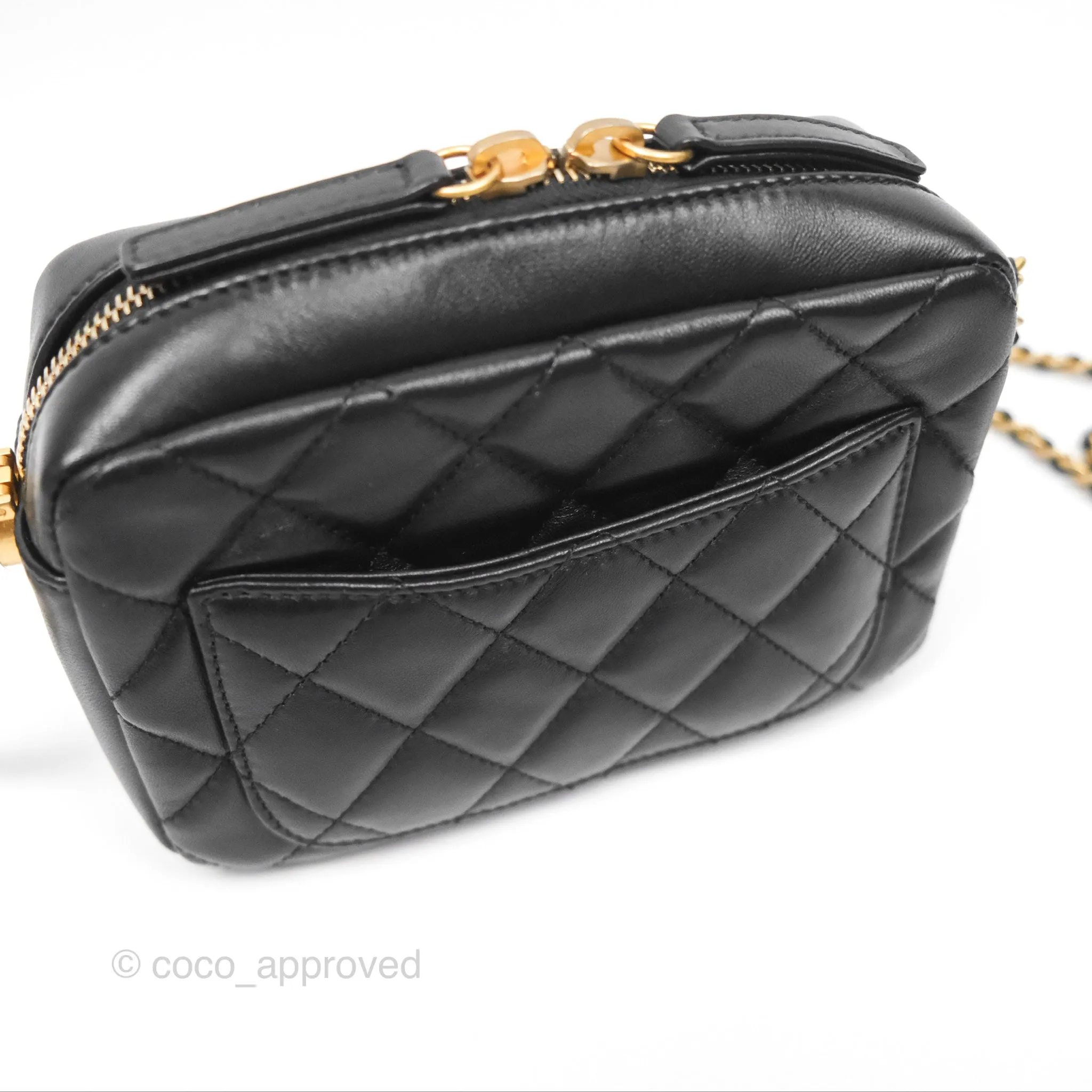 Chanel Quilted CC Pearl Crush Camera Case Black Lambskin Gold Hardware