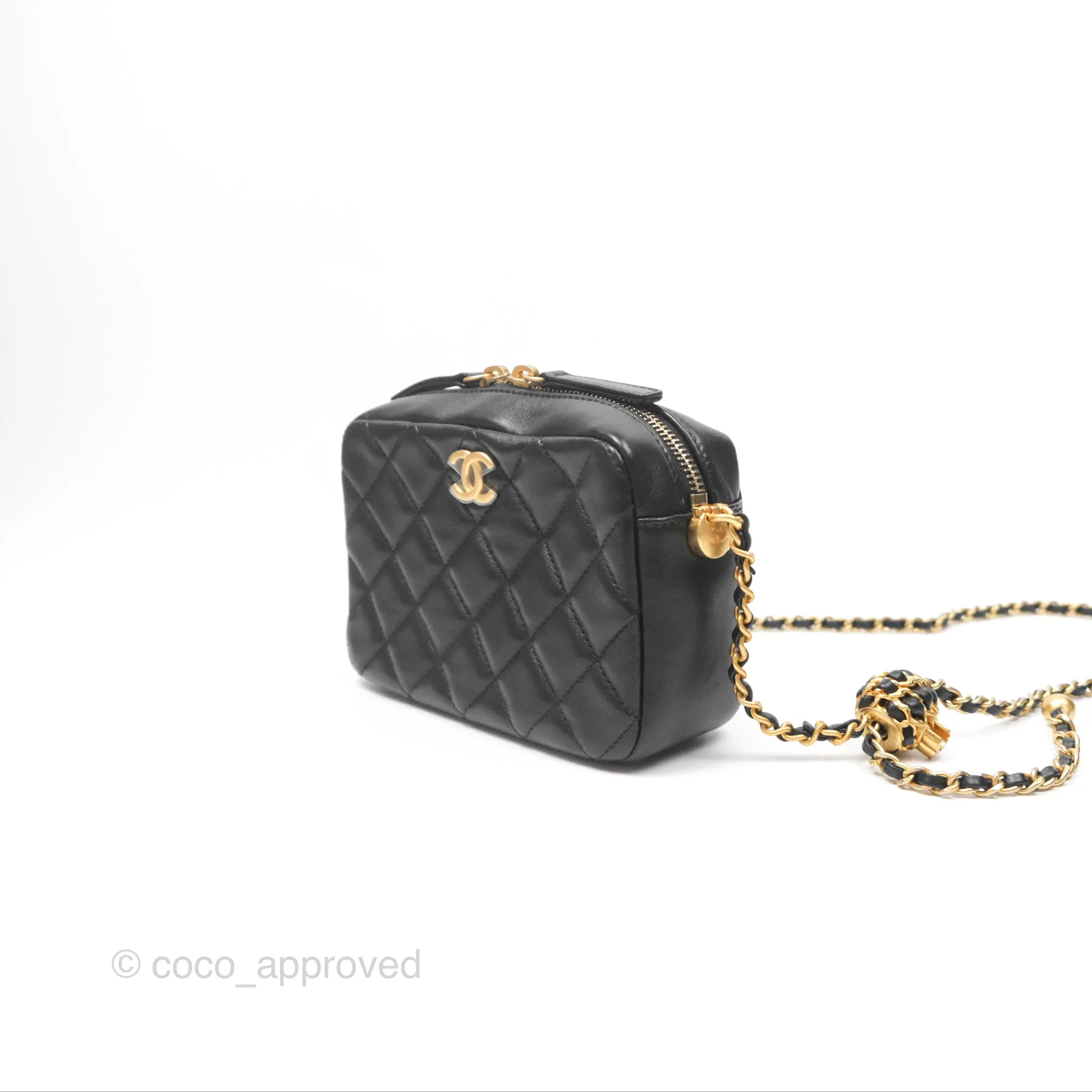 Chanel Quilted CC Pearl Crush Camera Case Black Lambskin Gold Hardware