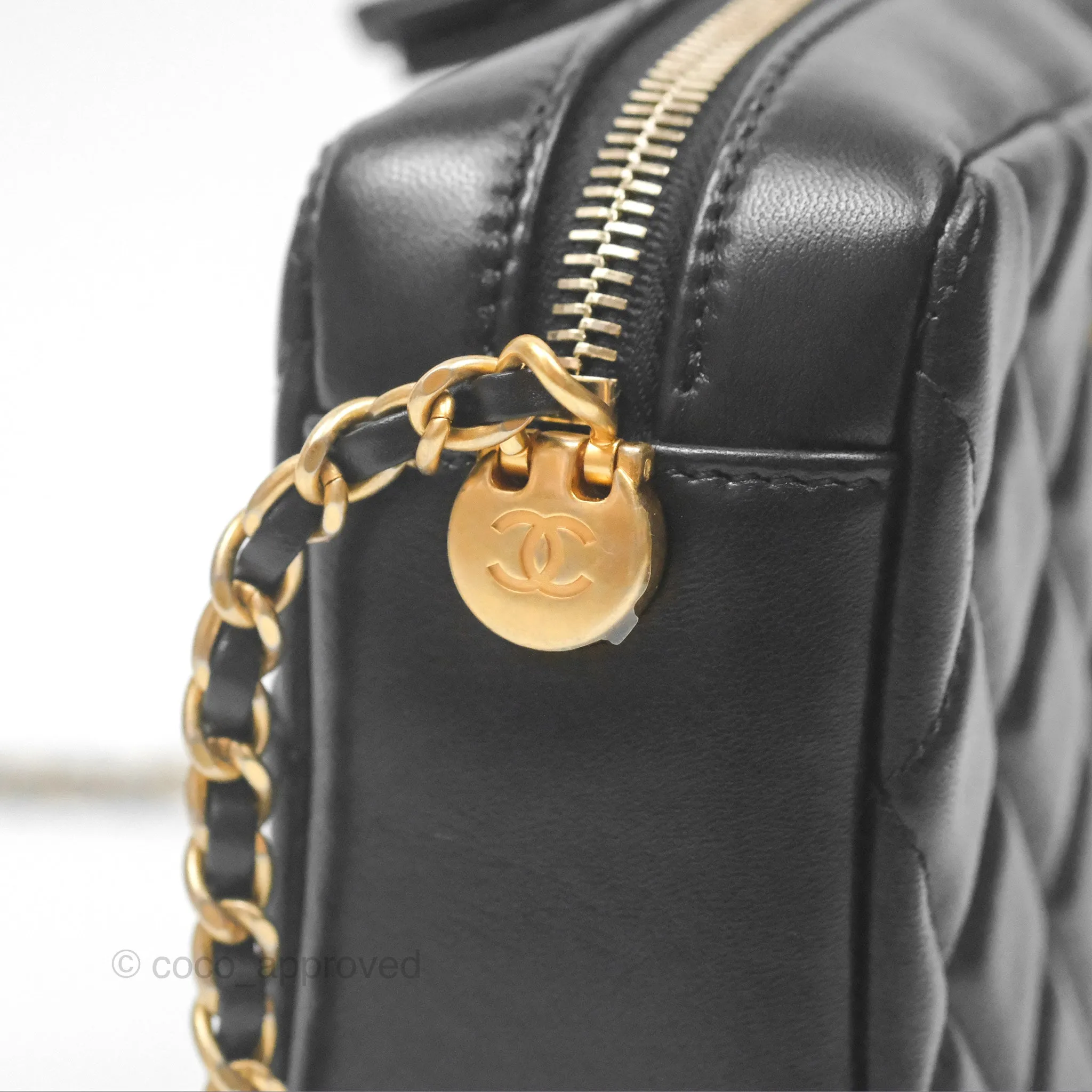 Chanel Quilted CC Pearl Crush Camera Case Black Lambskin Gold Hardware