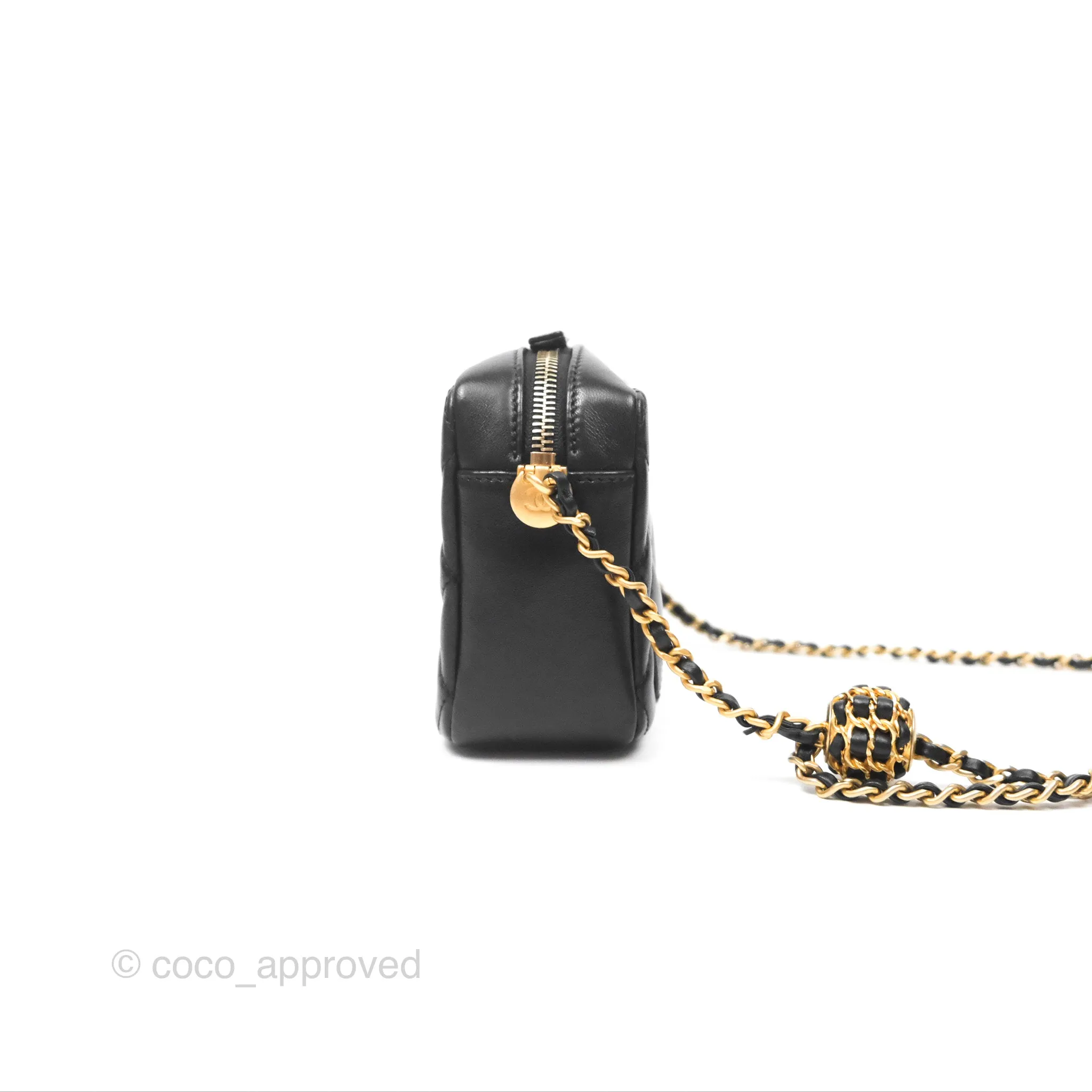 Chanel Quilted CC Pearl Crush Camera Case Black Lambskin Gold Hardware
