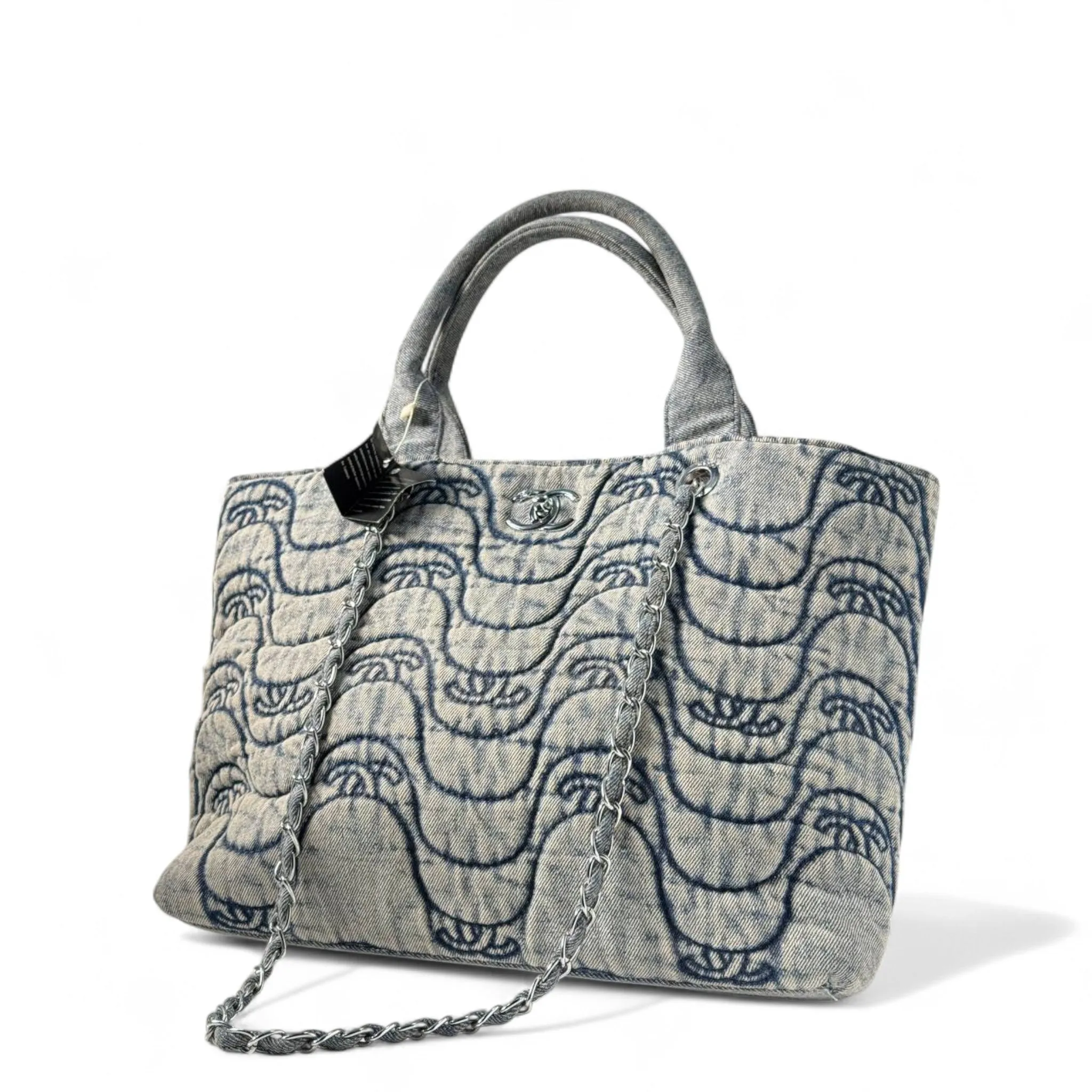 Chanel  Quilted Denim Tote Bag with Chain Strap – Urban Parisian Style 👖🪩