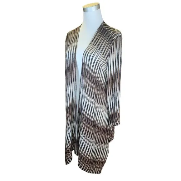 CHICO'S 2=L Black Taupe Beige Open Knit Lightweight Topper Jacket Travel