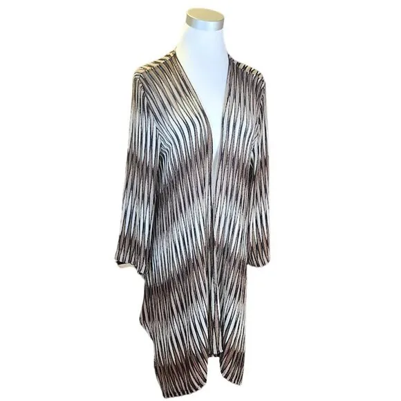 CHICO'S 2=L Black Taupe Beige Open Knit Lightweight Topper Jacket Travel