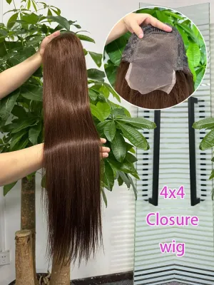 Closure Wig 4x4 Straight  4# Transparent Lace Wig Indian 100% Human Hair