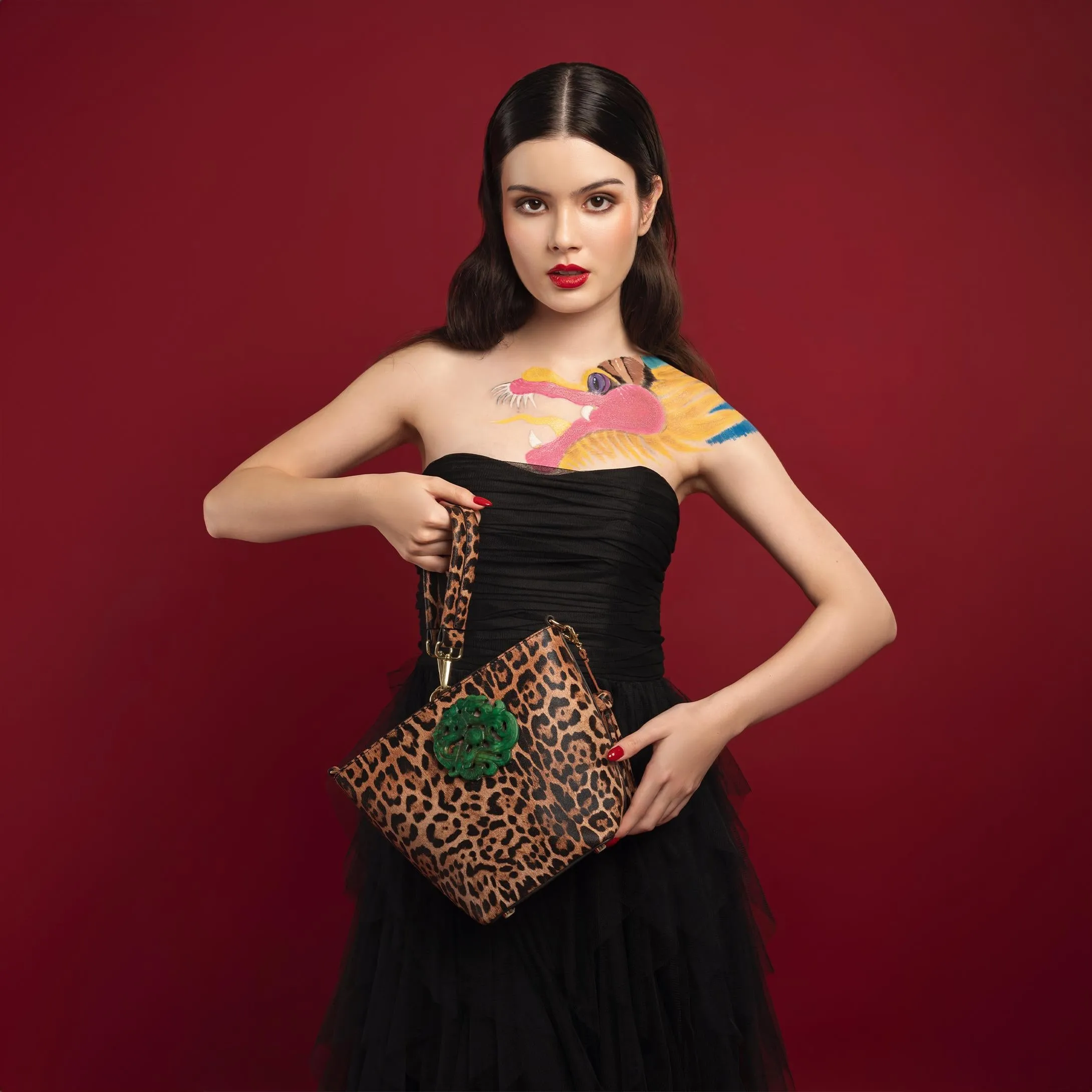 DESTI SAINT | Noora Bucket Crossbody | Leopard Print Leather w Green Jade Stone Ingot