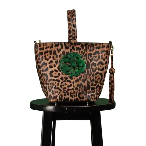 DESTI SAINT | Noora Bucket Crossbody | Leopard Print Leather w Green Jade Stone Ingot