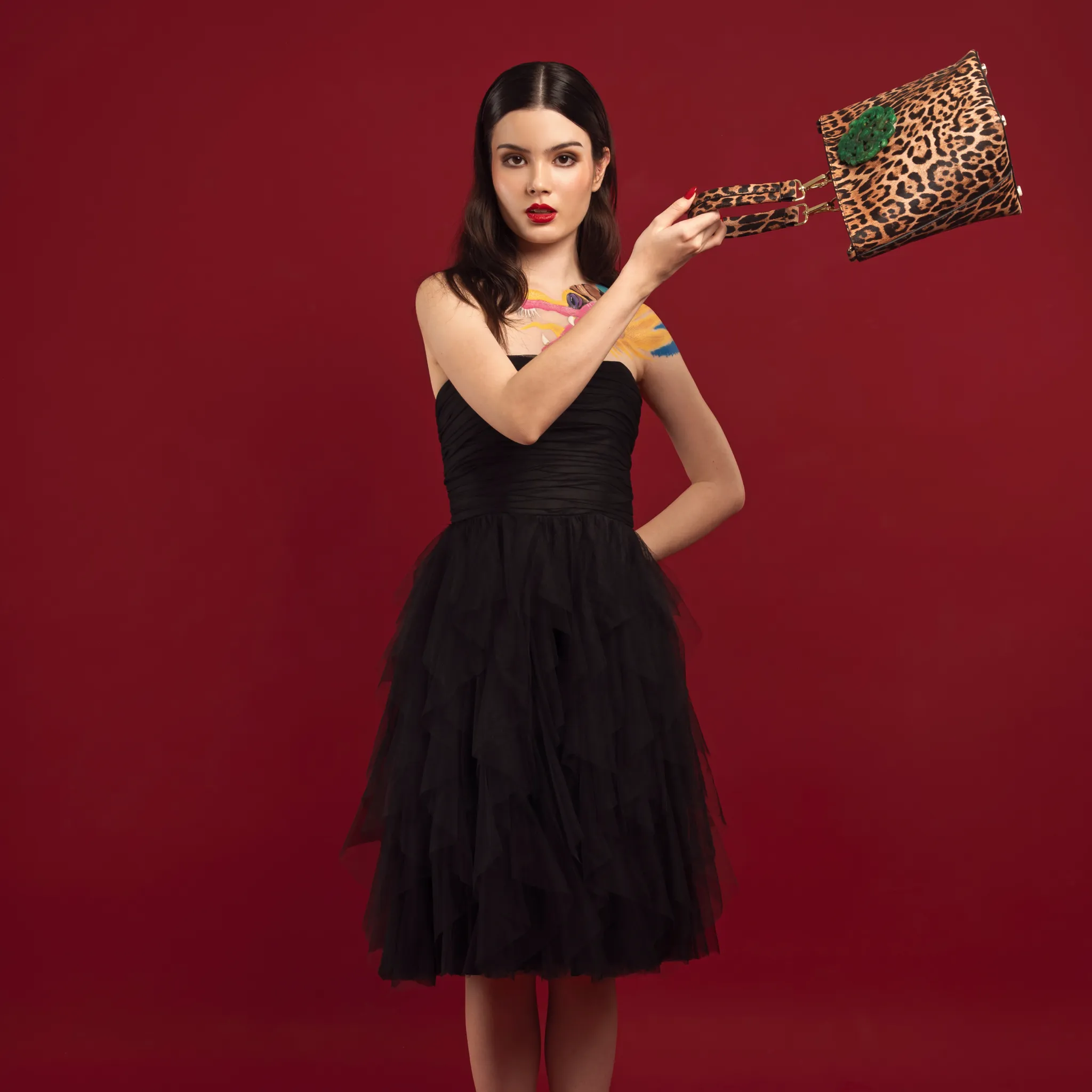 DESTI SAINT | Noora Bucket Crossbody | Leopard Print Leather w Green Jade Stone Ingot
