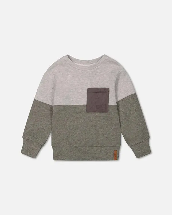 Deux Par Deux Color Block Brushed Jersey Top With Quilted Pocket - Dark Forest Gray/Sage