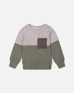 Deux Par Deux Color Block Brushed Jersey Top With Quilted Pocket - Dark Forest Gray/Sage