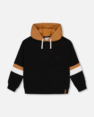 Deux Par Deux Fleece Hoodie With Quilted Pocket Black