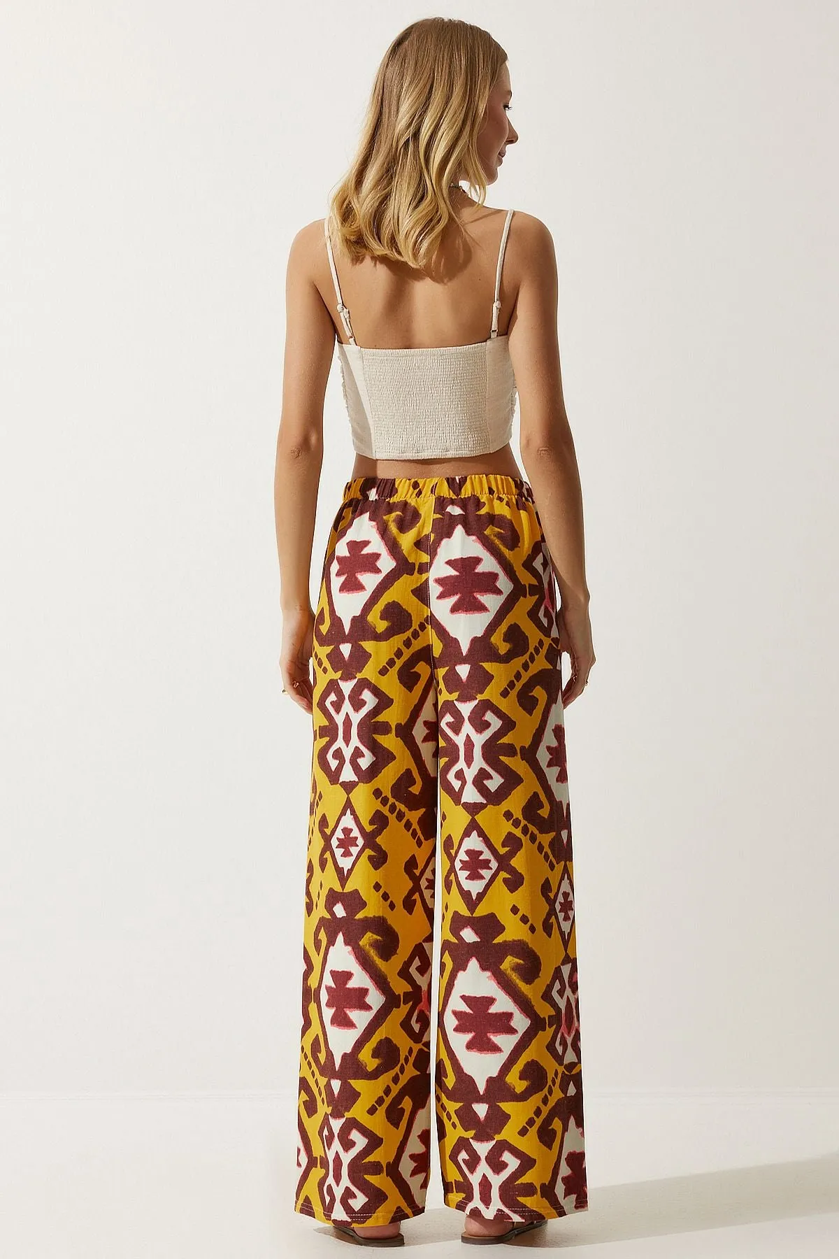 Female mustard patterned raw linen palazzo pants BH00397
