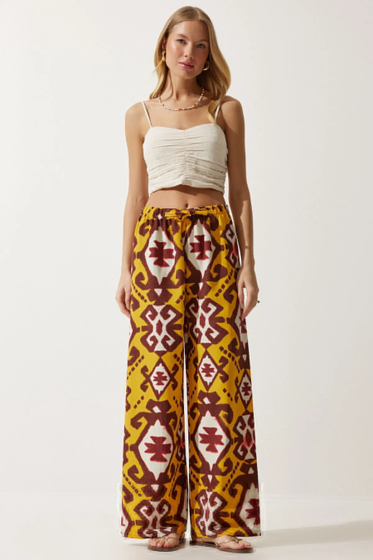 Female mustard patterned raw linen palazzo pants BH00397