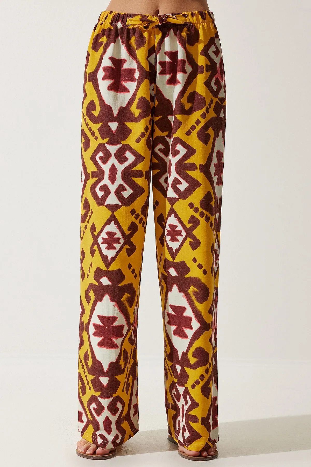 Female mustard patterned raw linen palazzo pants BH00397