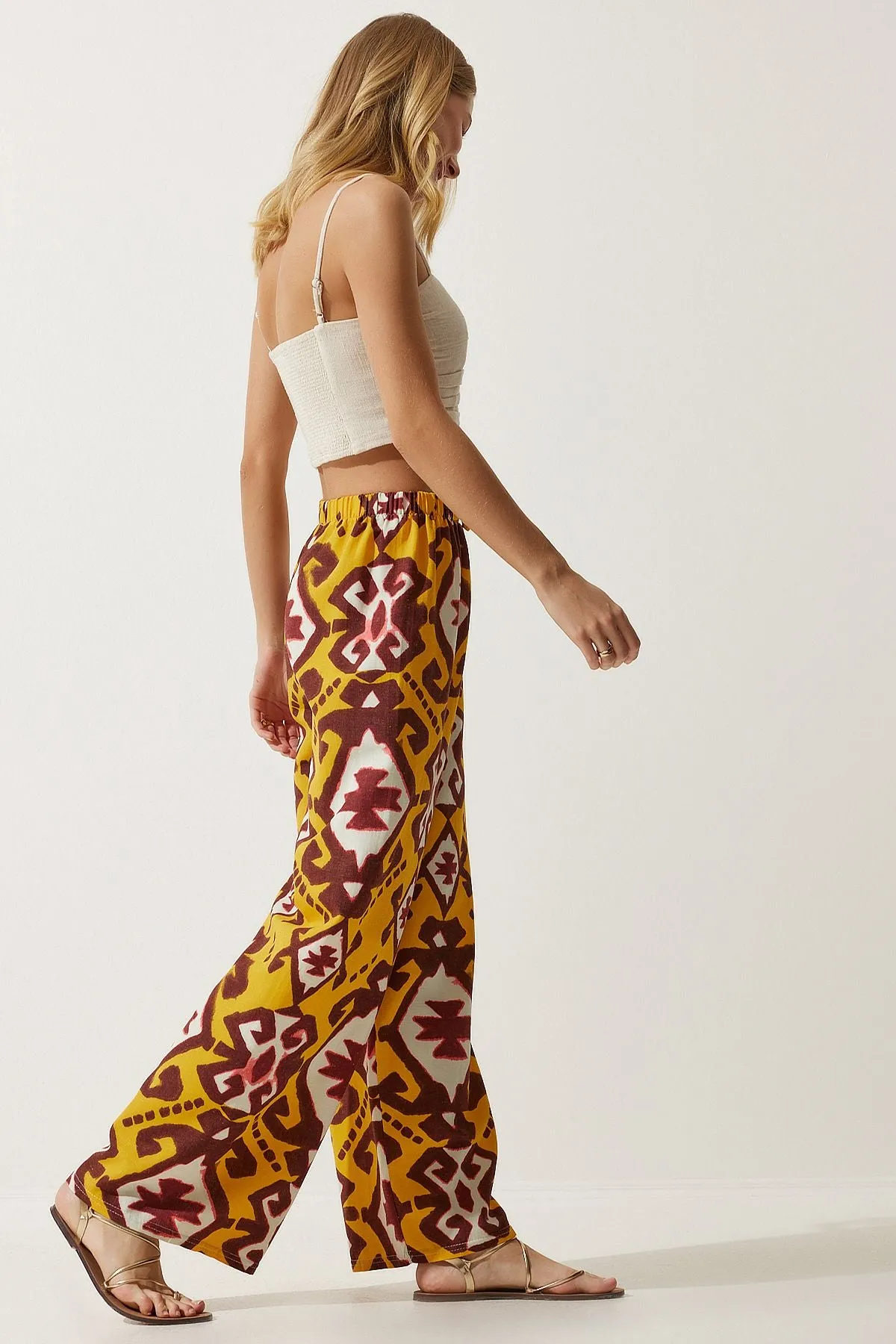 Female mustard patterned raw linen palazzo pants BH00397